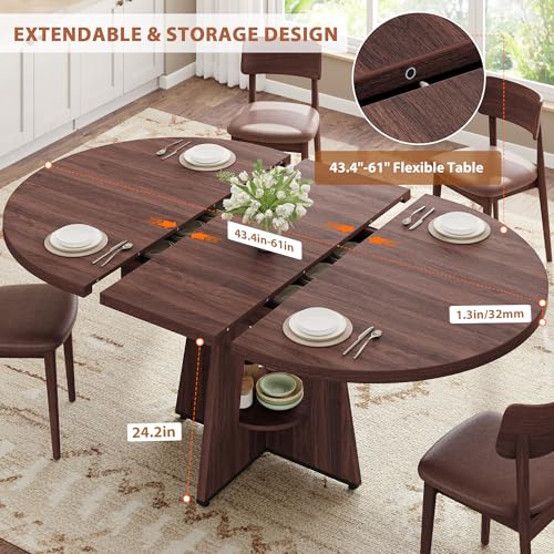 Extendable Dining Table, Round Kitchen Dining Room Dinner Table with for 4 6 8 People, Space Saving Modern Oval Expandale Furniture with Storage and Pedestal for Kitchen Living Room (Brown)