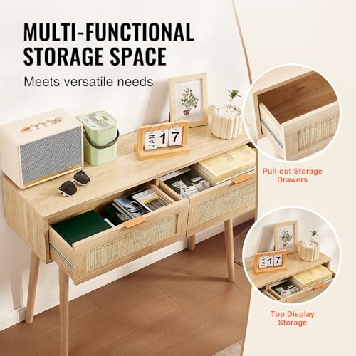Rattan Console Table with 2 Storage Drawers, Rattan Entryway Table with Natural Rattan Sliding Door, Console Sofa Table for Living Room, Study, Entryway Or TV Wall, Natural