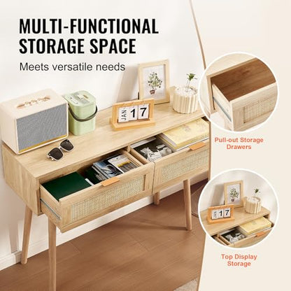 Rattan Console Table with 2 Storage Drawers, Rattan Entryway Table with Natural Rattan Sliding Door, Console Sofa Table for Living Room, Study, Entryway Or TV Wall, Natural