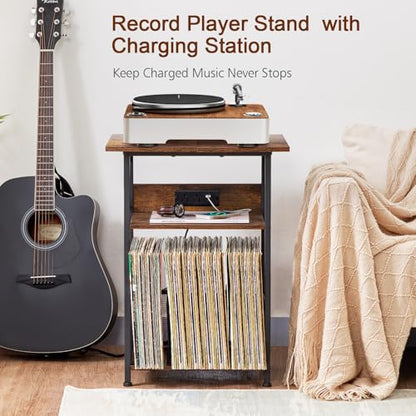 Record Player Stand with Charging Station, Vinyl Record Storage, view 5