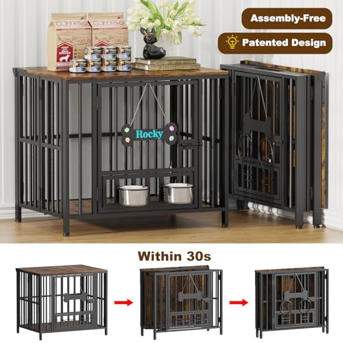 27" Foldable Dog Crate Furniture, No Assembly, Rustic Brown, view 3