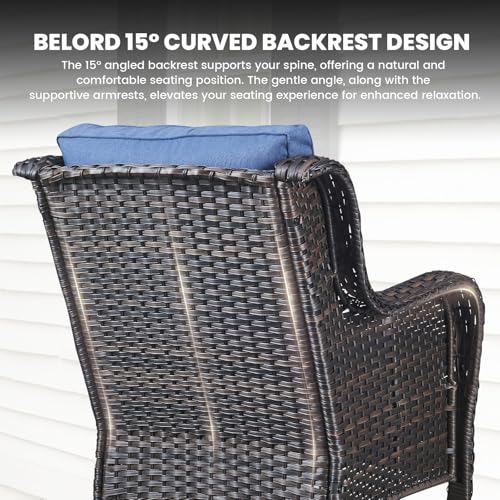 Outdoor Furniture Set Patio Wicker Chairs, 3 Peices Porch Rattan Furniture with Side Table, Deep Seating Patio Bistro Chair Sets (Blue Cushion)