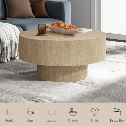 Travertine Coffee Table, Round Coffee Table Farmhouse Small Circle Wood Center Tables Mid Century Modern Low Circular Tea Tables for Living Room Apartment Easy Assemble,Round