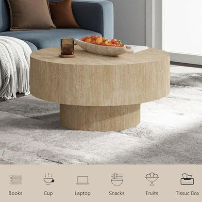 Travertine Coffee Table, Round Coffee Table Farmhouse Small Circle Wood Center Tables Mid Century Modern Low Circular Tea Tables for Living Room Apartment Easy Assemble,Round