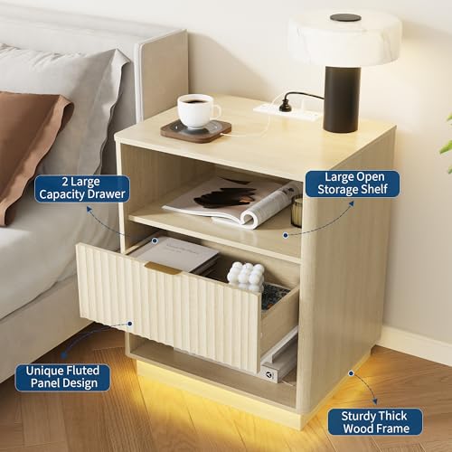Fluted Nightstand with Charging Station, Wooden Night Stand with LED Light, Modern Mid Century Bedside End Table with Drawer, 20" W x 15.7" D x 24" H, for Bedroom, Light Oak