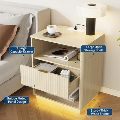 Fluted Nightstand with Charging Station, Wooden Night Stand with LED Light, Modern Mid Century Bedside End Table with Drawer, 20" W x 15.7" D x 24" H, for Bedroom, Light Oak