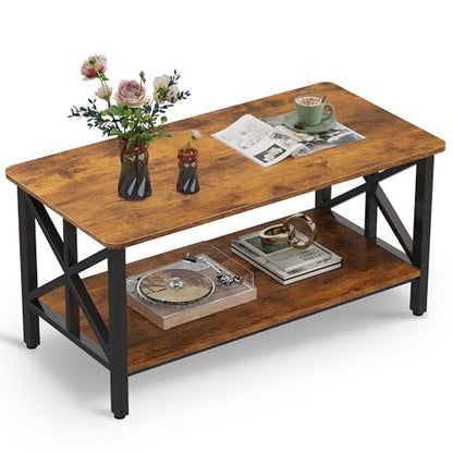 Coffee Table for Living Room, 39" Modern 2-Tier Center Table with Round Corners, Storage Shelf, Farmhouse Style Small Coffee Table with Metal Frame, Rustic Brown