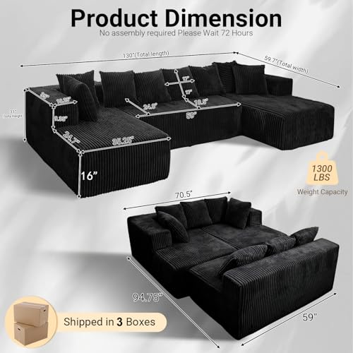 130" U Shaped Boneless Couch, Cloud Boneless Sectional Couches for Living Room, Modular Spineless Sofa Bed with Deep Seat, High Density Foam Floor Couch with 8 Pillows No Assembly, Black Corduroy