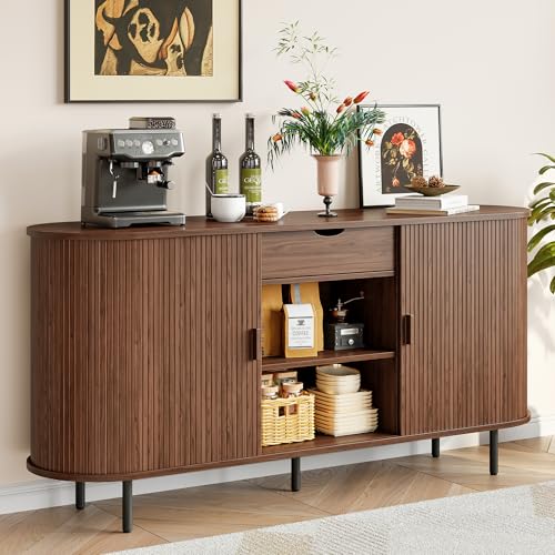 63" Sideboard Buffet Cabinet with Storage Drawer & Shelves,Walnut, view 2