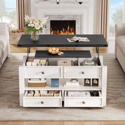 Lift Top Coffee Table, Multi-Functional Convertible Coffee Table with Drawers and Hidden Storage, Dining Table for Living Room, Home Office