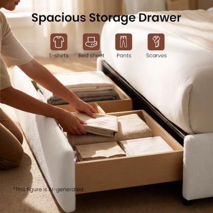 Queen Upholstered Bed Frame with Extended Headboard, Beige, view 5