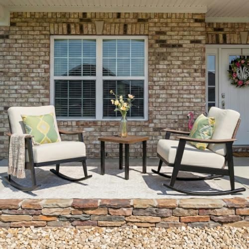 Rocking Bistro Set,3 Piece Wicker Patio Furniture Set with 2 Outdoor Rocker Chairs,Rattan Back,Aluminum Wood-like Armrest,Sturdy Metal Frame,6" Soft Cushions for Porch,Balcony,Yard