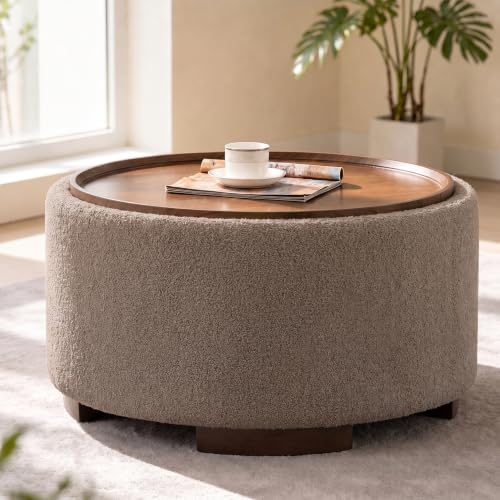 Brown Teddy Round Storage Ottoman Coffee Table with Solid Wood Legs, view 2