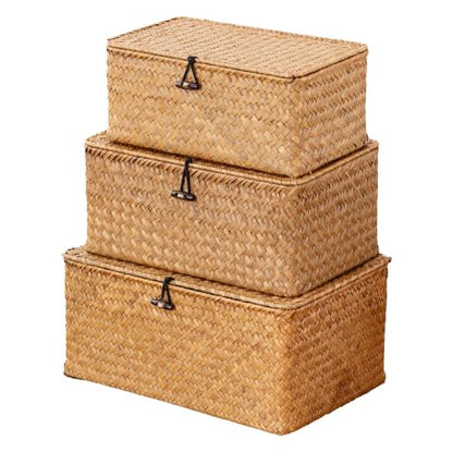 Wicker Storage Basket with Lid,Seagrass Shelf Basket Set of 3,Natural, view 2