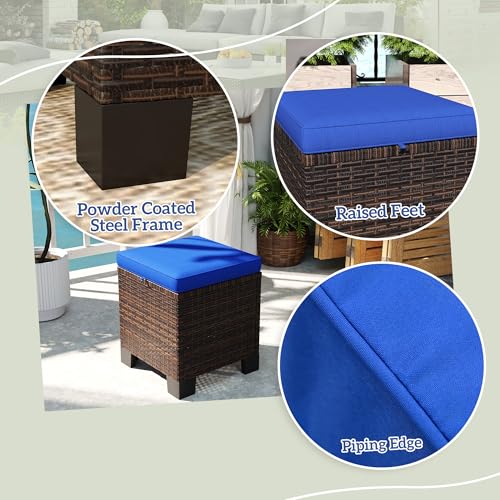 2 Pieces Outdoor Patio Ottomans, All Weather Wicker Footstools with Removable Cushions, 3-in-1 PE Rattan Ottoman Seat, Footrest and Side Table for Backyard, Poolside, Dark Blue