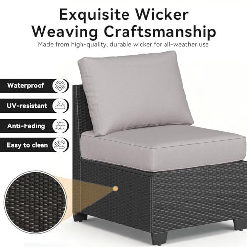 Outdoor Patio Furniture Set with 44'' Fire Pit Table, 7 Pcs Outdoor Sectional with 4in Thicken Cushion, Widen Armrests Wicker for Backyard, Grey