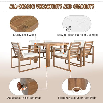 7 Piece Patio Dining Table Set with Umbrella Hole, Outdoor Acacia Wood Furniture Set with Removable Cushion for Garden, Backyard, Lawn, Poolside (Beige,Light Teak)