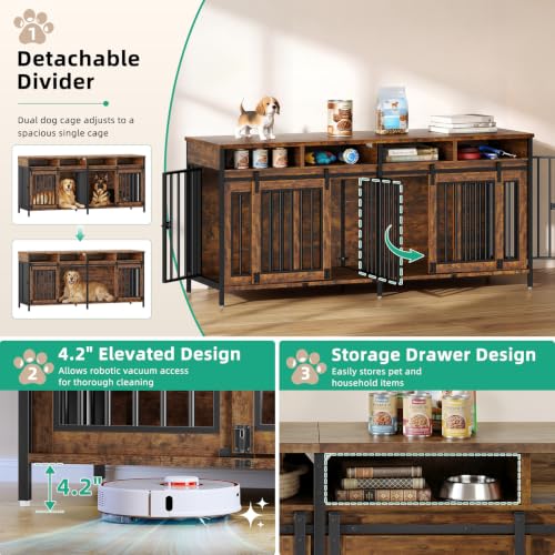 78.7" Dog Crate Furniture with Removable Divider and Drawers, view 6