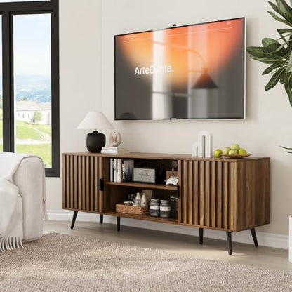 53" Fluted TV Stand with for TVs up to 60 Inch, Entertainment Center with Storage and Adjustable Shelves, Farmhouse Media Console for Living Room, Walnut