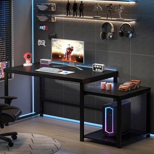 Large Home Office Desk, Black Computer Desk with Storage Shelves, Modern Wood Writing Study Gaming Table for Bedroom Living Room, 63 Inch