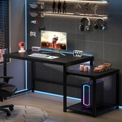 Large Home Office Desk, Black Computer Desk with Storage Shelves, Modern Wood Writing Study Gaming Table for Bedroom Living Room, 63 Inch