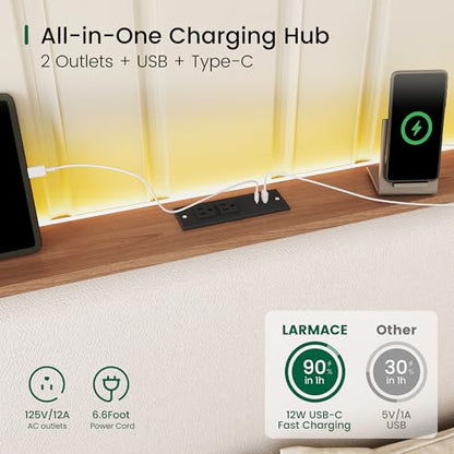 King Size Bed Frame with LED Lights and Charging Station Linen Upholstered, view 5