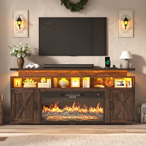 Farmhouse Fireplace TV Stand w/Power Outlet for 75/80 Inch TV, view 6