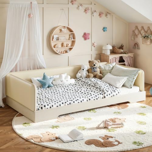 JIVOIT Twin Size Upholstered Floor Bed with Removable Guardrails | Montessori Floor Bed, Low Profile Platform Bed, Faux Leather, Removable Side Panels, Wood Slats Support, No Box Spring Needed