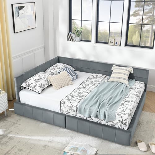 Queen Size Upholstered Daybed with Storage Drawer, Upholstered Tufted Bed Frame, Modern Sofa Bed Frame with Comfortable Backrest and Armrests, for Bedroom, Living Room, Velvet, Grey