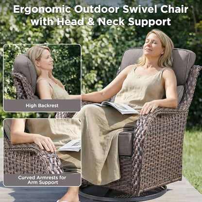 Luxury Patio Furniture Set with Fire Pit Table-4 Pieces High Back Wicker Swivel Rocker Chairs with 6" Extra Thick Cushions, Outdoor Patio Conversation Sets for Porch Deck Backyard(Brown/Grey)