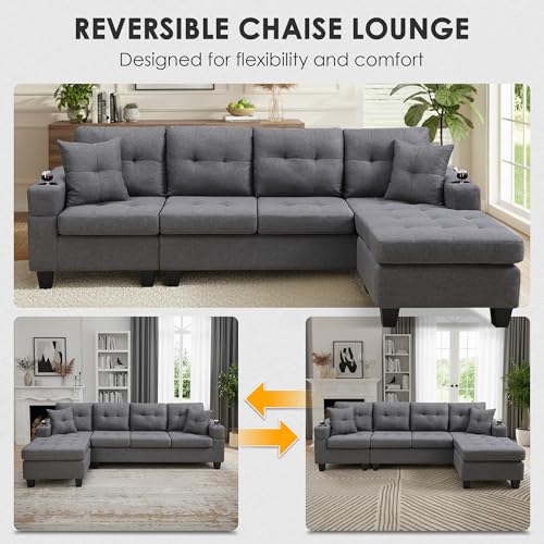 Sectional Sofa Couch, Modern 4-Seaters Living Room Furniture Sets with Reversible Chaise Lounge & 2 Pillows | L Shape Couch | Cup Holders | Linen Fabric, Gray