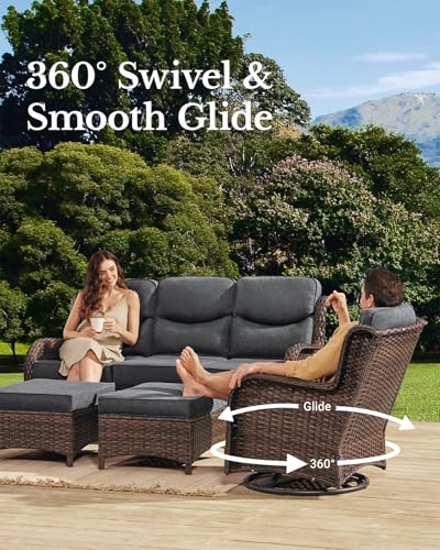 Luxury Outdoor Patio Furniture Set with 6-Inch Thick Cushions, High Back Wicker Swivel Rocker Chairs, 7 Pcs All Weather Conversation Set for Large Deck, Yard and Poolside, Gray (V3)