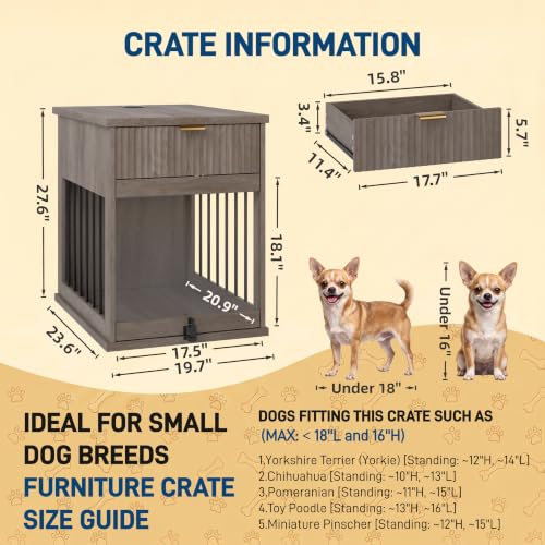 Wooden Dog Crate Furniture End Table with Drawer for Small Dogs (Grey), view 3