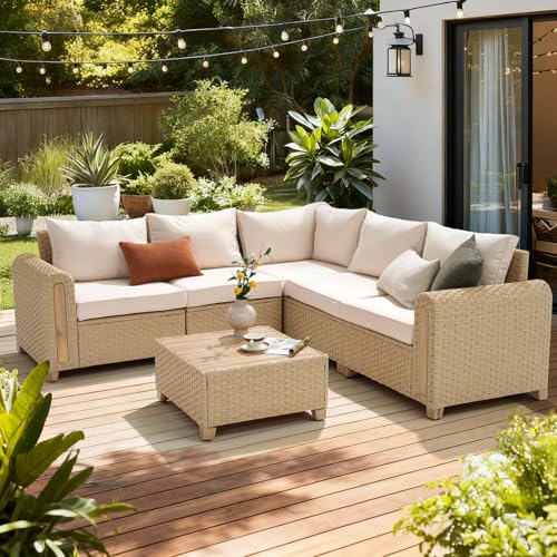 6-Piece Patio Furniture Set, Outdoor Wicker & Acacia Wood Sectional Sofa Set, Patio Modular Design Conversation Sets with Coffee Table & Thick Comfy Cushion for Porch, Garden, Natural Color