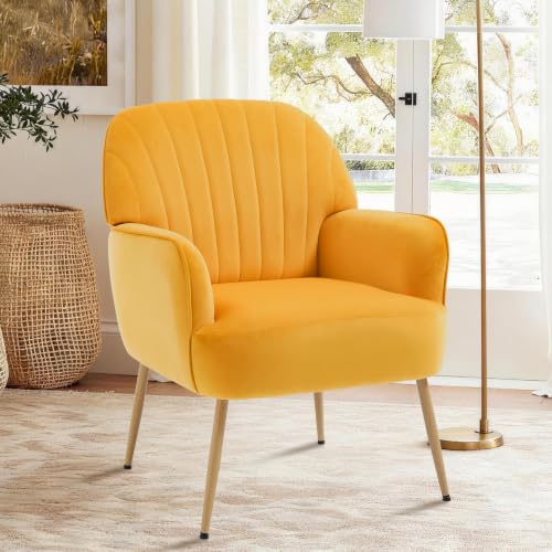 Velvet Accent Chair, Mid Century Modern Accent Chairs for Living Room, Comfy Upholstered Armchair with Metal Legs for Bedroom/Apartment/Office/Waiting Room, Yellow