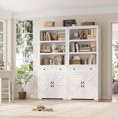72" Tall Book Shelf and Bookcase, 14" Deep Bookshelf with Drawer and Doors, Farmhouse Book Case with Storage, Wood Storage Cabinet with Display Shelves for Home Office, Living Room, White