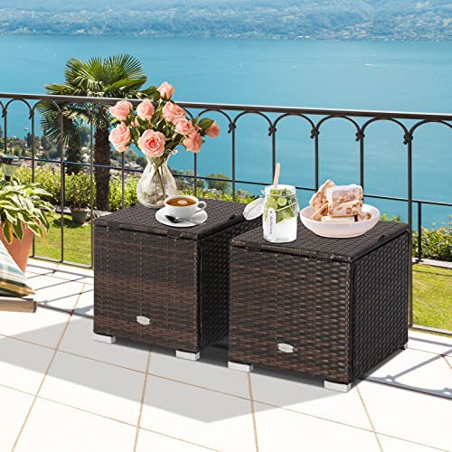 2 Pieces Patio Ottomans, Patiojoy Hand-Woven PE Rattan Side Table with Removable Cushion & Hidden Storage Space, Multifunctional Storage Box, Seat for Patio, Backyard, Poolside (Beige)