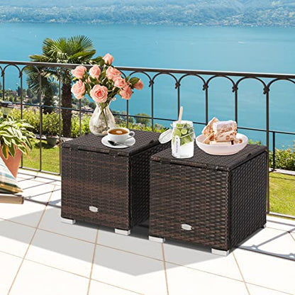 2 Pieces Patio Ottomans, Patiojoy Hand-Woven PE Rattan Side Table with Removable Cushion & Hidden Storage Space, Multifunctional Storage Box, Seat for Patio, Backyard, Poolside (Beige)