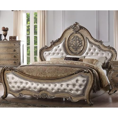 Ragenardus Queen Bed Synthetic Leather Upholstered Headboard Vintage Oak Carved Wood Frame Elegant Bedroom Furniture Luxury Design Sturdy Construction Classic Style Timeless Comfort