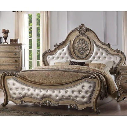 Ragenardus Queen Bed Synthetic Leather Upholstered Headboard Vintage Oak Carved Wood Frame Elegant Bedroom Furniture Luxury Design Sturdy Construction Classic Style Timeless Comfort