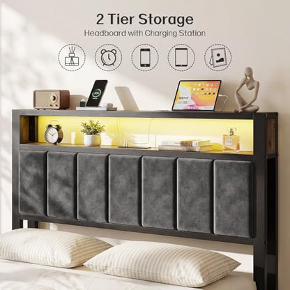 Full Size Bed Frame with Headboard, LED Light & Charging Station, view 4