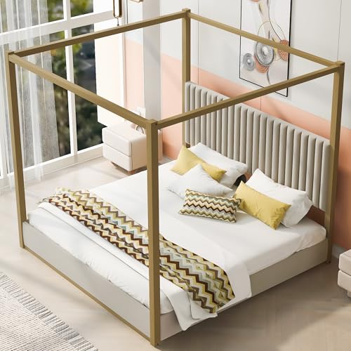 King Size Canopy Bed Frame with Headboard and Metal Frame for Bedroom, view 5
