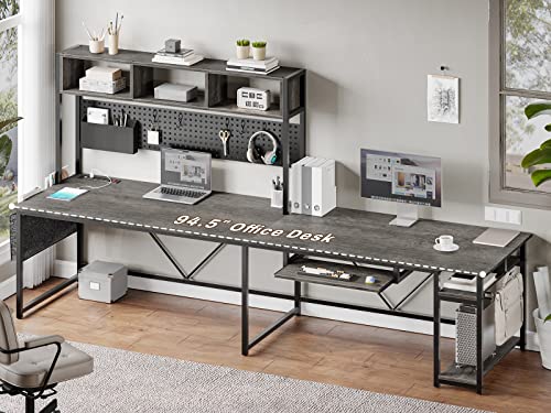 L Shaped Desk, 94.5 Inch Home Office Desk with Power Outlet & Pegboard, L Shaped Gaming Desk with LED Light, Keyboard Tray, Storage Shelves and Headphone Hook for Home Office, Grey