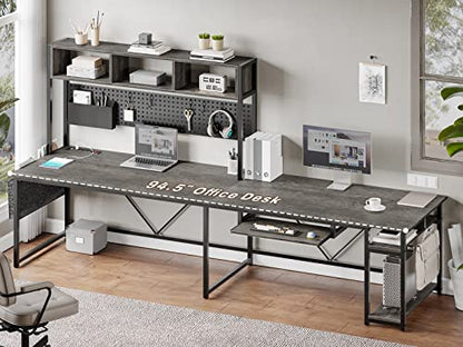 L Shaped Desk, 94.5 Inch Home Office Desk with Power Outlet & Pegboard, L Shaped Gaming Desk with LED Light, Keyboard Tray, Storage Shelves and Headphone Hook for Home Office, Grey