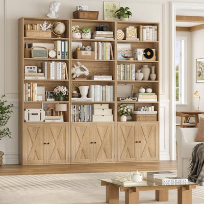 82" Tall Bookcase, Farmhouse Bookshelf with Doors,Light Oak, view 5