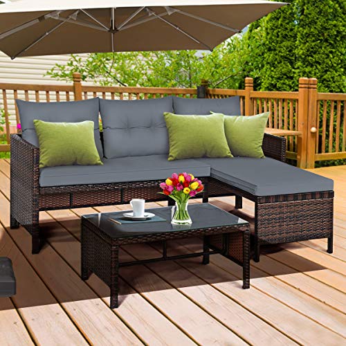 Wicker Patio Furniture Set Couch 3 Piece, L-Shaped PE Rattan Outdoor Sectional Sofa Conversation Set with Loveseat, Lounge and Tempered Glass Coffee Table for Garden Lawn Deck, Grey