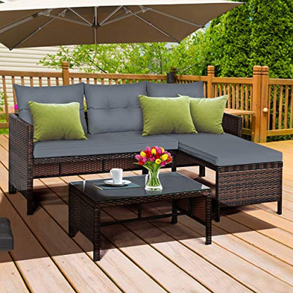 Patio Corner Sofa Set 3 Piece, Outdoor Rattan Sofa Set, Includes Lounge Chaise, Loveseat & Coffee Table, Patio Garden Poolside Lawn Backyard Furniture