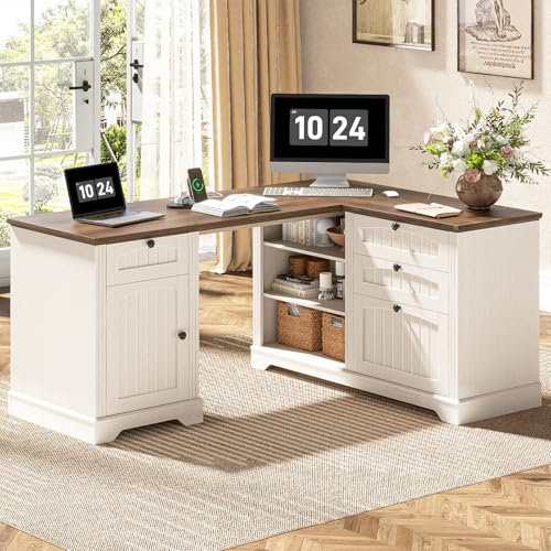 Farmhouse L Shaped Desk with Drawers, Corner Computer Desk for Home Office, view 2