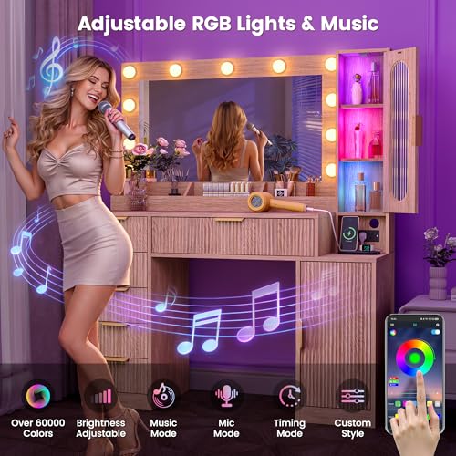 Fluted Makeup Vanity Desk with Large 31.4" Mirror and Sound Sync RGB Lights, view 5