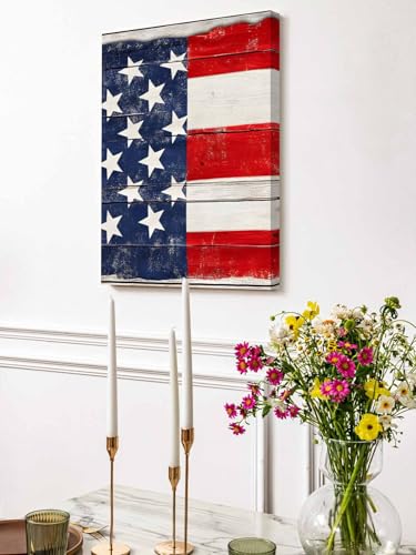 NuYeBiofx Independence Day American Flag Canvas Wall Art Prints,30"x20" Framed Picture Artwork Vintage Wood Grain Printed Canvas Oil Painting for Living Room Bedroom Office,Ready to Hang